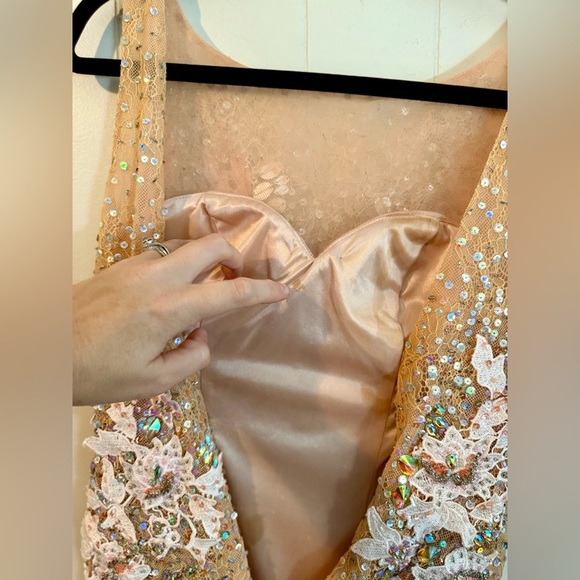 JOVANI Vintage Tan Floral Embellished Sequin Jeweled Midi Dress, Size 2 - Picture 11 of 16